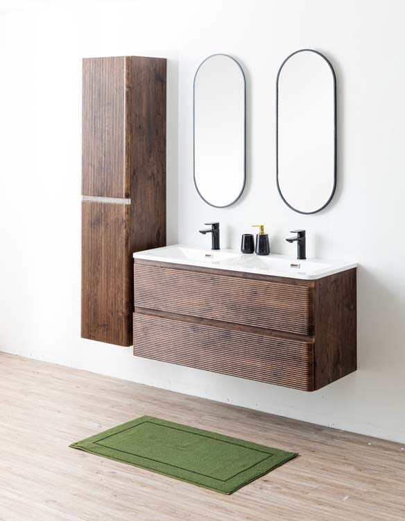 Meuble de salle de bains Jelte noyer suspendu avec lavabo double en marbre minéral blanc brillant 120cm