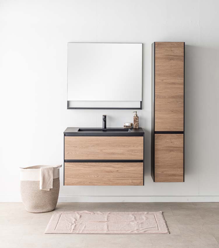 Meuble de salle de bain Molly aspect bois suspendu avec lavabo simple noir mat 90cm Meuble de salle de bain Molly aspect bois suspendu avec lavabo simple noir mat 90cm