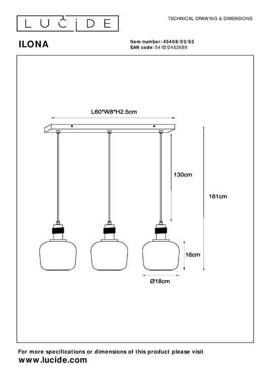 Lucide ILONA - Suspension - 3xE27 - Ambre