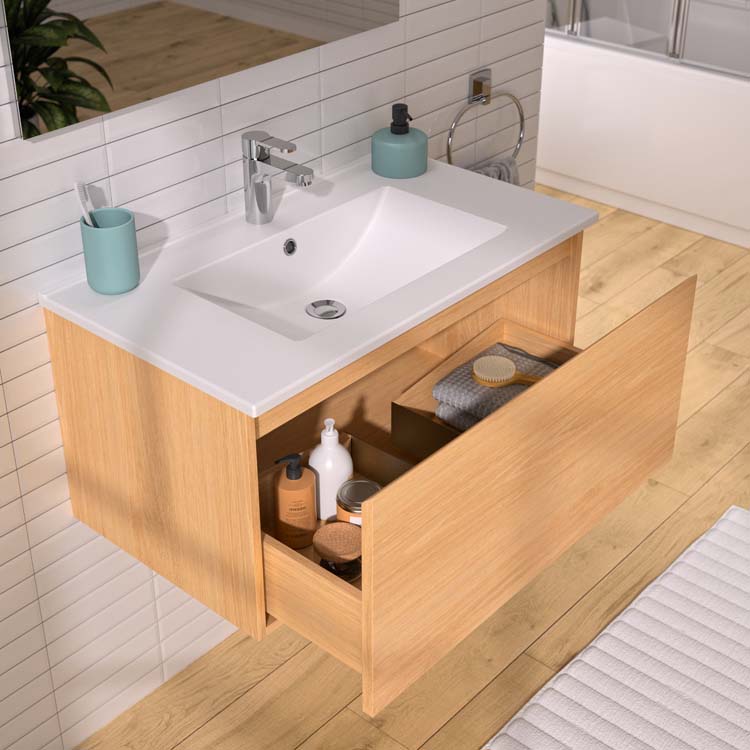 Meuble de salle de bains Atlas chêne suspendu avec lavabo simple blanc mat 80cm + miroir et éclairage