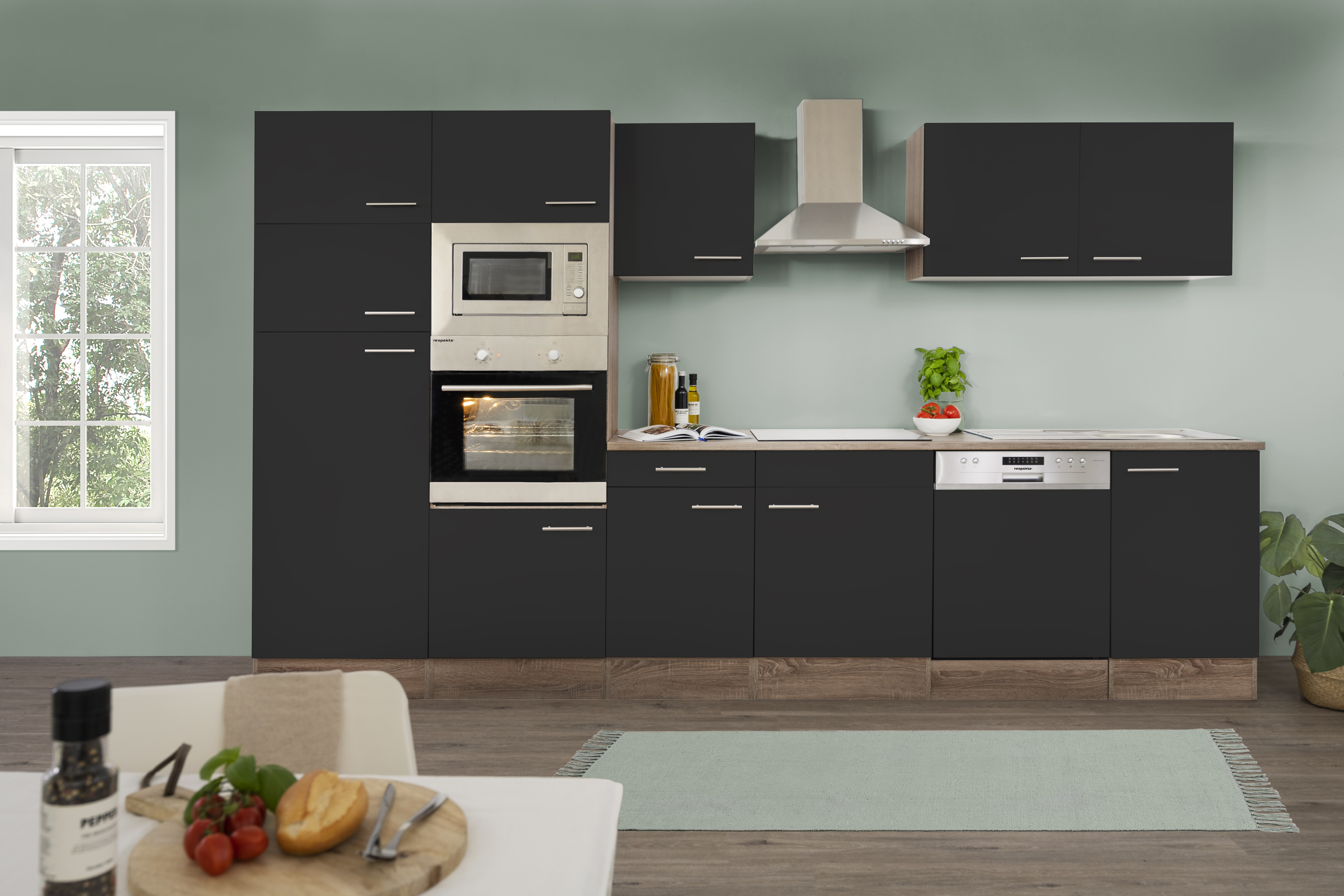 Cuisine 340cm - noir/chêne foncé - plaque de cuisson vitrocéramique
