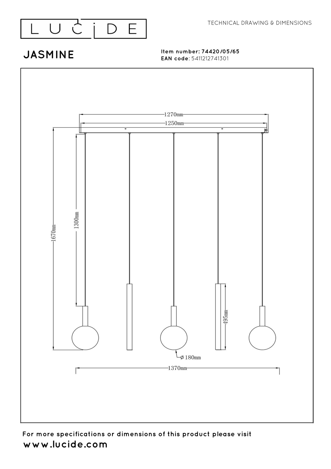 Lucide Premium Jasmine - Hanglamp - LED Dimb. - CCT - 5X4W 2200K/3300K - Koper
