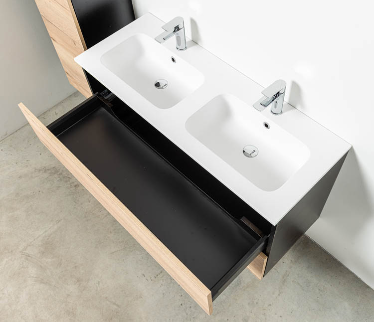 Badkamermeubel Dotan zwart/eik 1200 mm 2 wastafels porselein glans