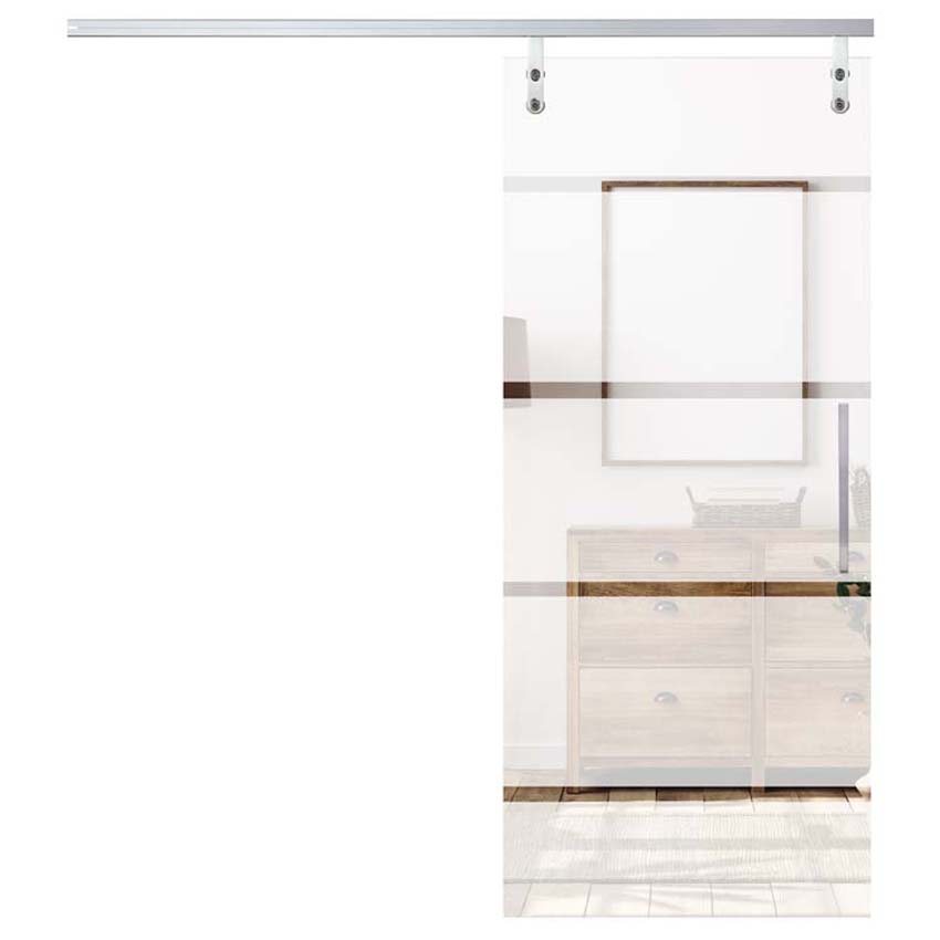 Complete glazen schuifdeur Skyline Dusk mat + 4 lijnen helder 83x215cm inox vierkante trekker + rail aluminium