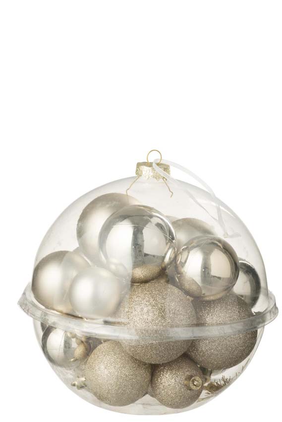 Kerstballen zilver in transparante kerstbal 20x20x20cm