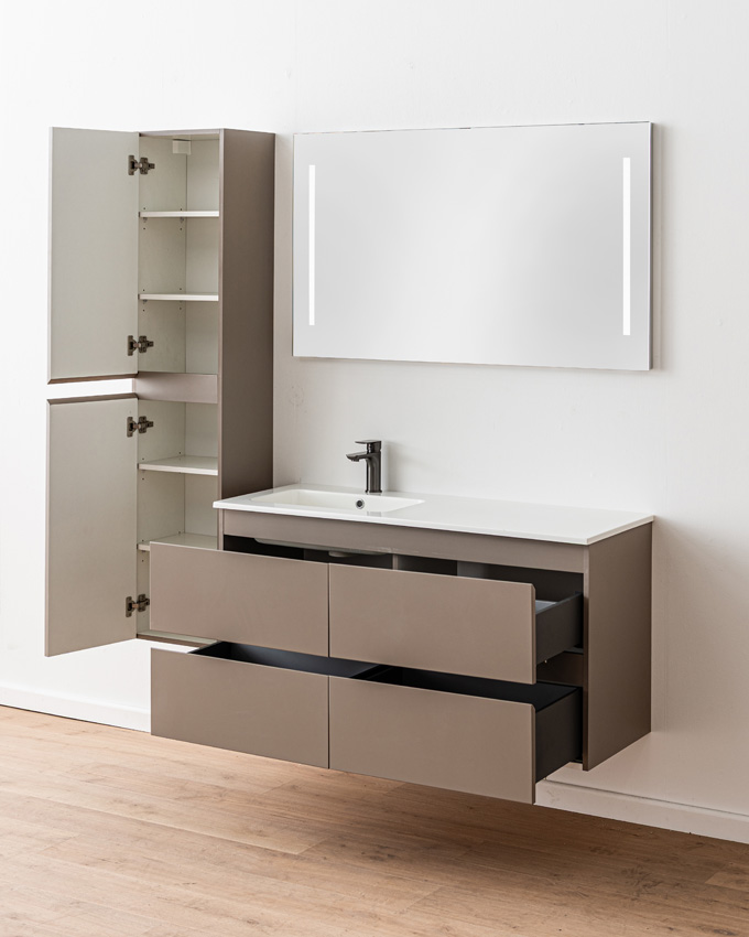 Badkamermeubel Trente taupe met enkele wastafel glanzend wit 120cm