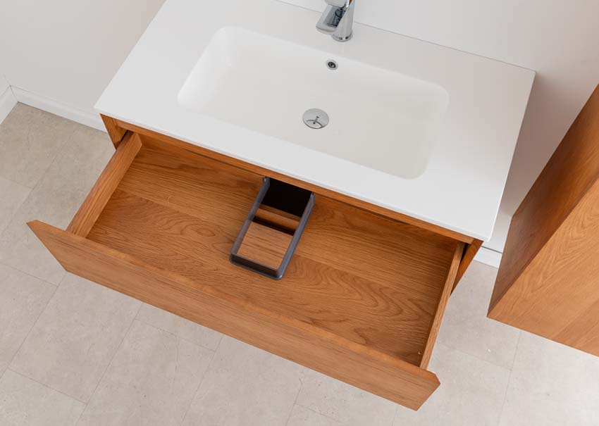 Badkamermeubel Fior eik hangend met enkele wastafel glanzend wit 90cm