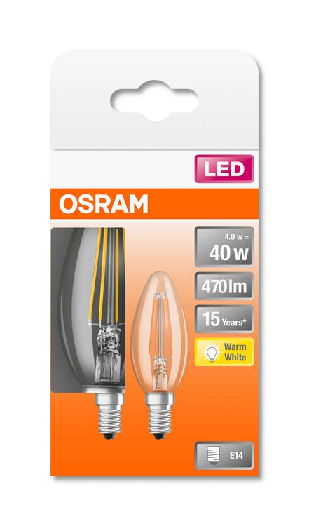 Lampe LED retro bougie 40 E14 4W blanc chaud filament 2pc