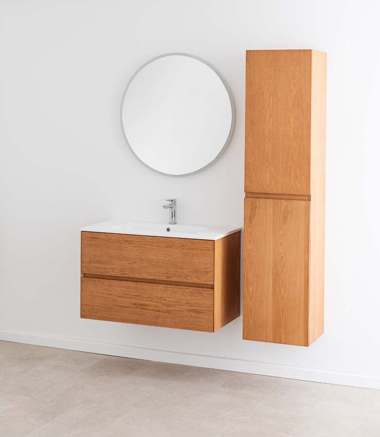 Badkamermeubel Fior eik hangend met enkele wastafel mat wit 90cm