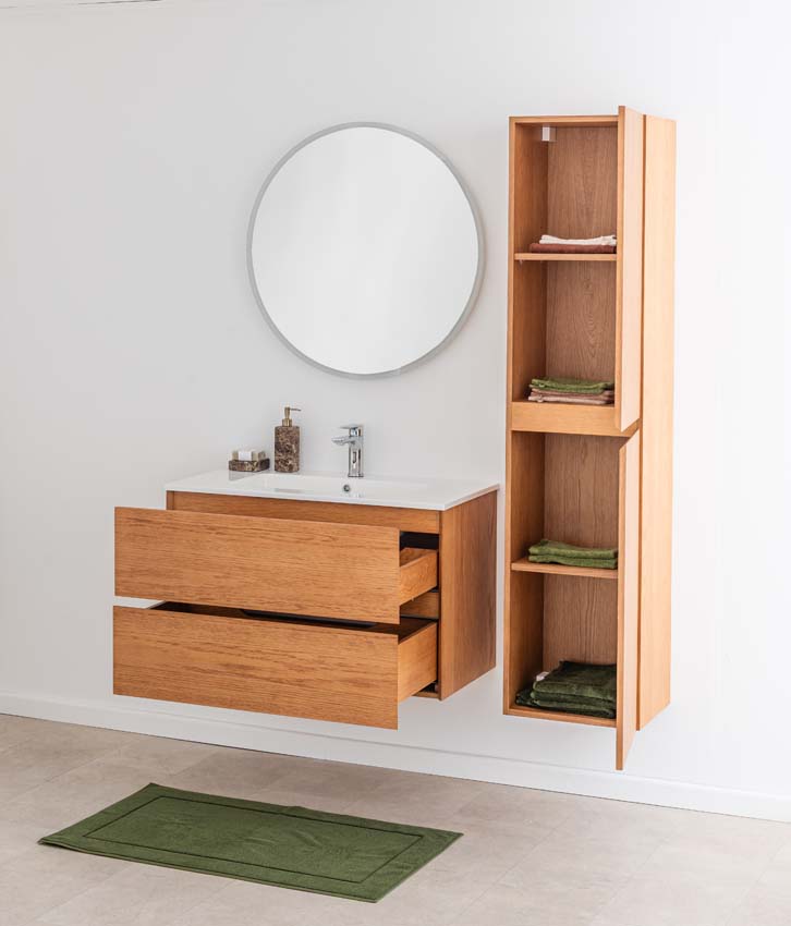 Badkamermeubel Fior eik hangend met enkele wastafel glanzend wit 90cm