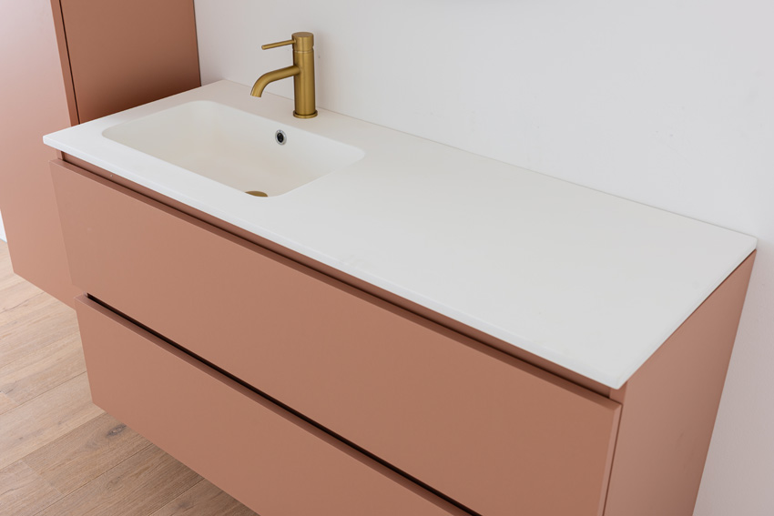 Meuble de salle de bains Dotan abricot suspendu avec lavabo simple gauche blanc mat 120cm