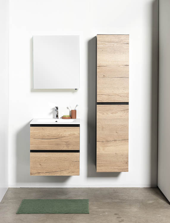 Meuble de salle de bains Dotan chêne suspendu avec lavabo simple blanc mat 60cm