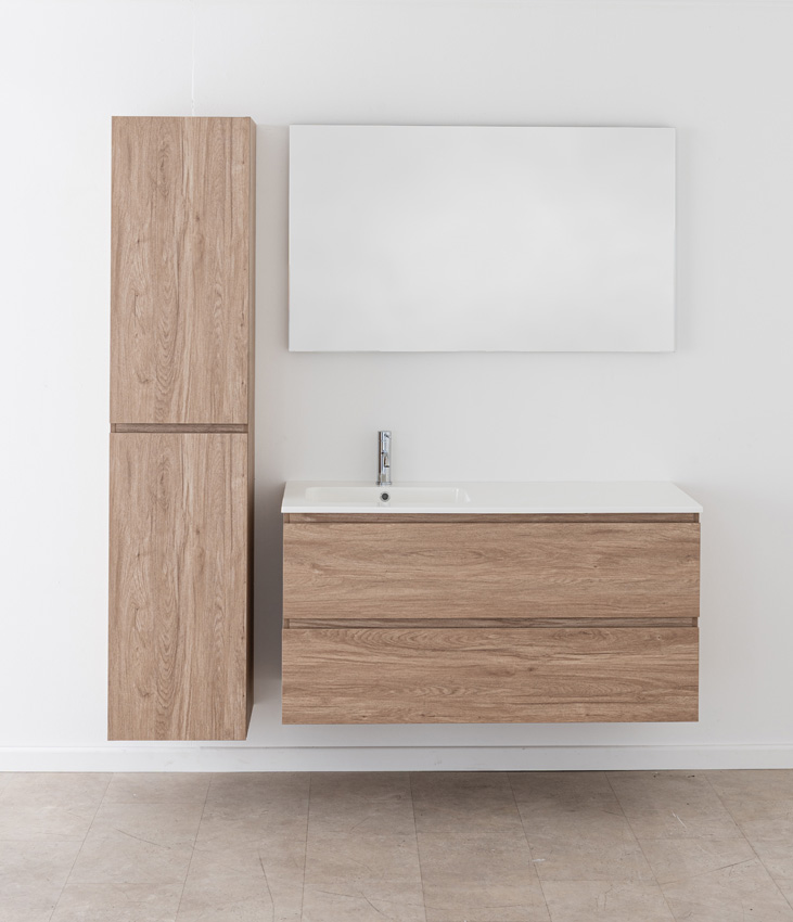 Badkamermeubel Bianca eiklook hangend met enkele wastafel glanzend wit 120,5cm