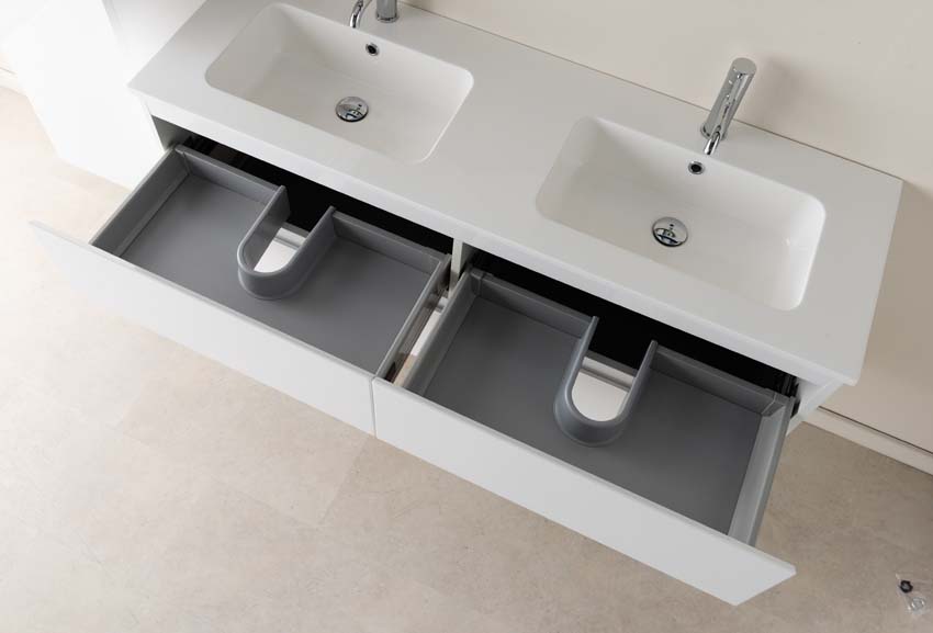 Meuble de salle de bains Tibo blanc suspendu avec lavabo double blanc brillant 140cm