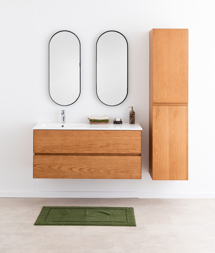 Badkamermeubel Fior eik hangend met enkele wastafel mat wit 120cm