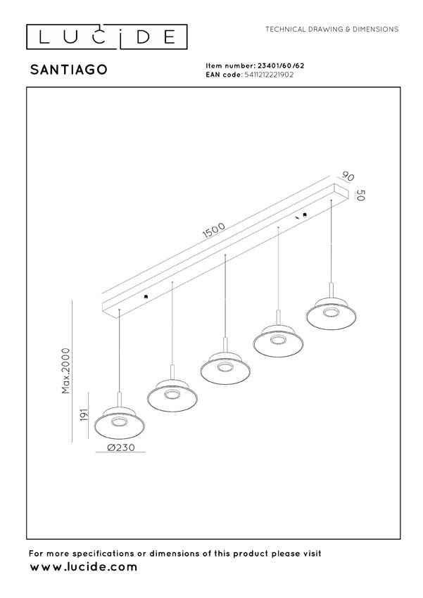 Lucide Premium Santiago - Hanglamp - LED Dimbaar - CCT - 5x10W 2700K/4000K - Amber