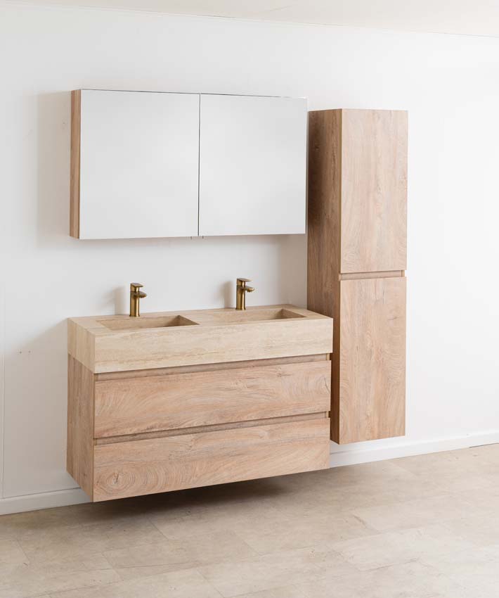 Meuble de salle de bain Tibo chêne avec double lavabo large en travertin 120cm