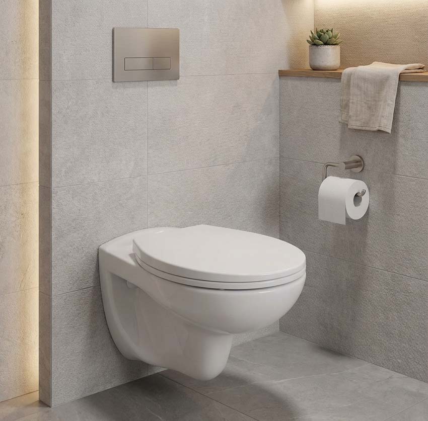 Toilette suspendue sans rebord blanc brillant avec siège WC
