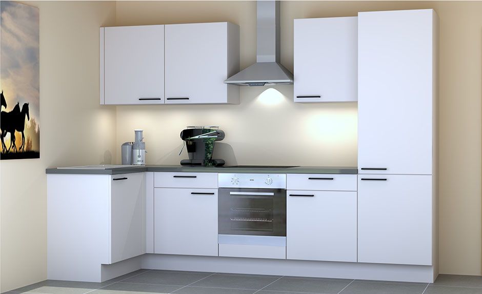 Hoekkeuken Premium 15C wit 305x125cm - voorgemonteerd - met toestellen - vitrokeramische kookplaat en inox wanddampkap