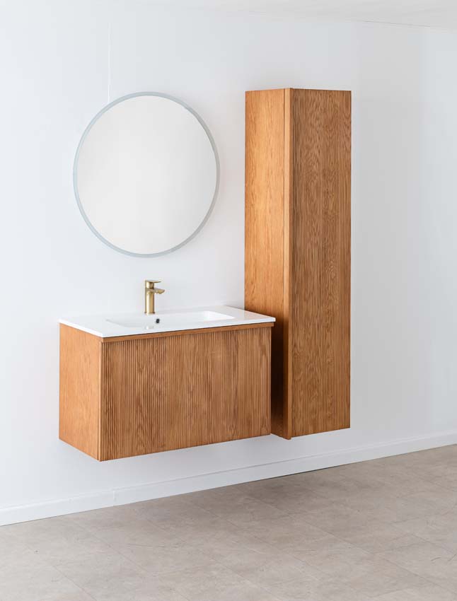 Badkamermeubel Fae eik hangend met enkele wastafel glanzend wit 90cm