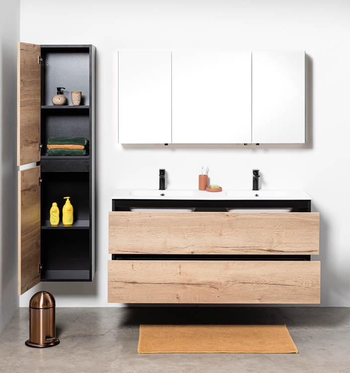 Meuble de salle de bain Dotan chêne/noir 1400 mm 2 lavabo mat