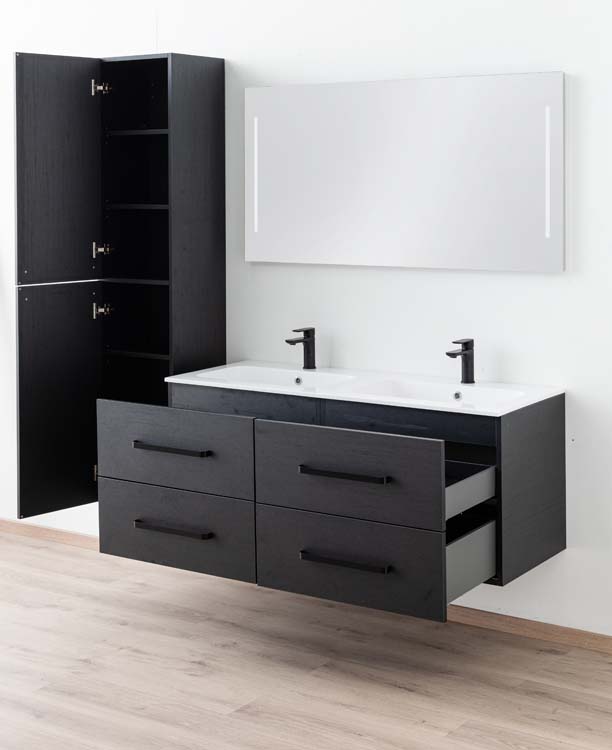 Meuble de salle de bains Plato noir suspendu avec lavabo double blanc brillant et poignées noires 140cm