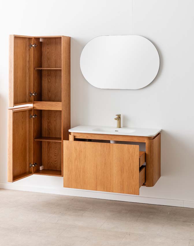 Badkamermeubel Floris eik hangend met enkele wastafel glanzend wit 100cm