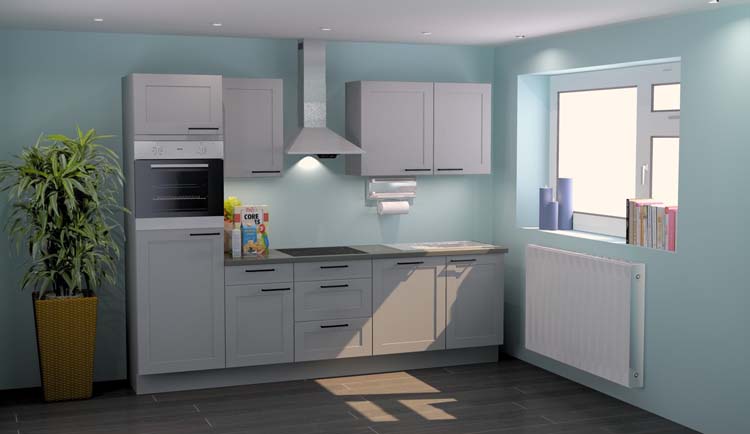 Keuken Premium 4A grijs 280cm - voorgemonteerd - met toestellen - vitrokeramische kookplaat en inox wanddampkap