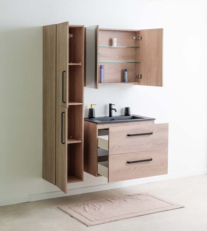 Badkamermeubel Bison eik hangend met enkele wastafel mat zwart 80cm