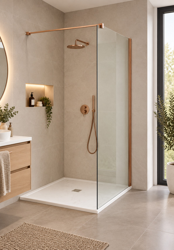 Paroi de douche à l'italienne Anais verre clair avec kit de profilés cuivre 137x200cm