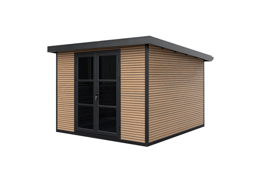 Abri de jardin Yasmine en bois composite stone grey/sandstone 290x290cm double porte