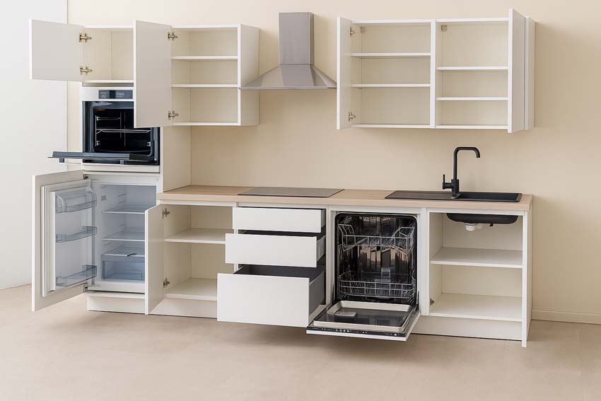 Cuisine Plenti 280 cm - four en haut - tiroirs - sans appareils - blanc/look de chêne