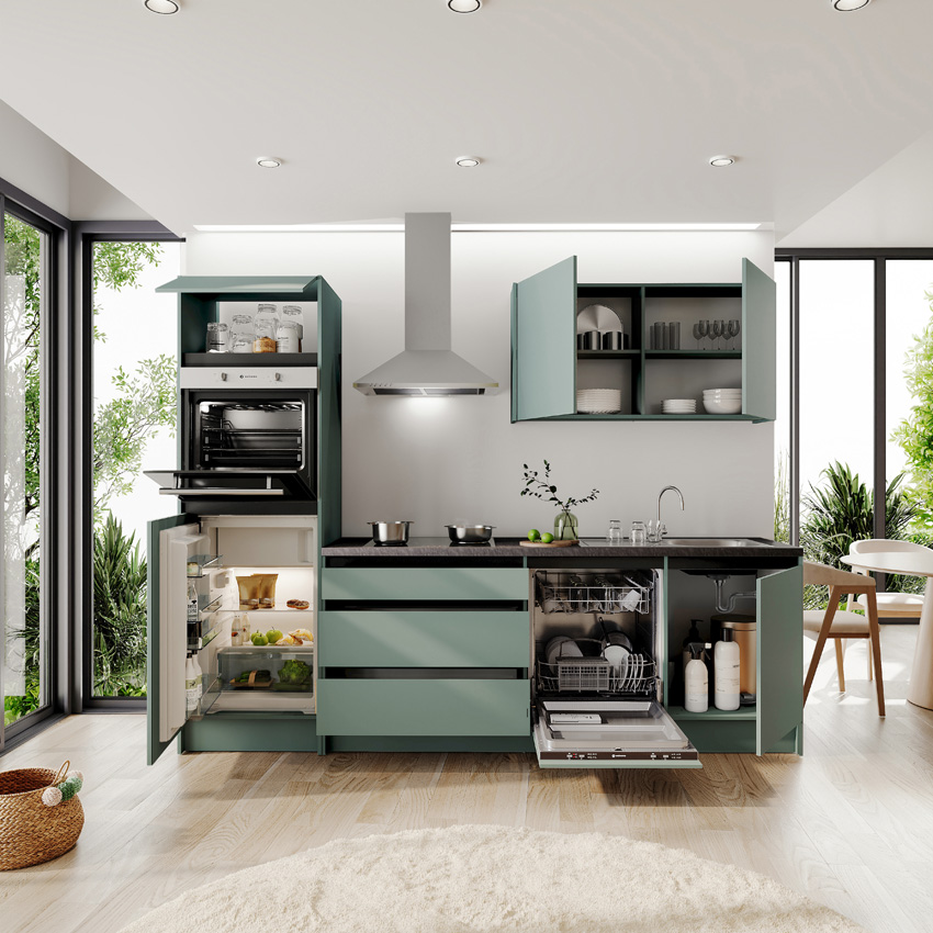 Keuken Berlin groen 273cm - met toestellen - vitrokeramische kookplaat en inox wanddampkap