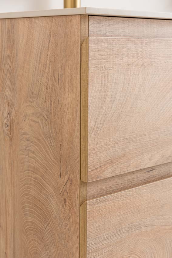 Meuble de salle de bain Tibo en chêne méditerranéen avec double lavabo aspect travertin 120cm