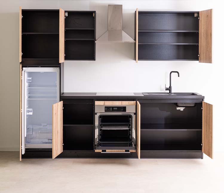 Cuisine Plenti noir/aspect bois 270cm - hotte murale en inox - sans appareils