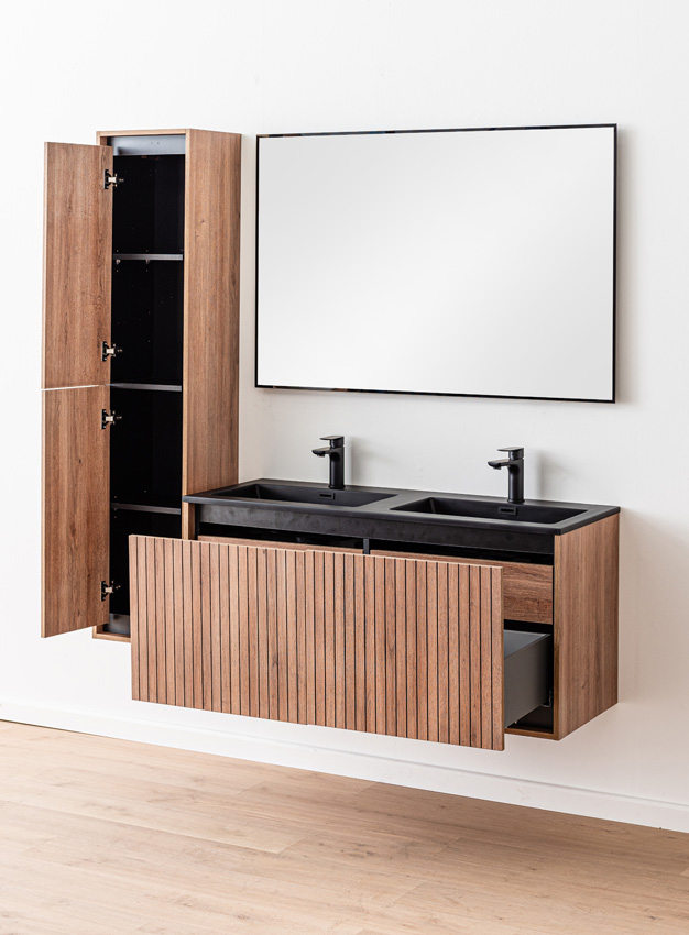 Badkamermeubel Toledo eik/zwart met dubbele wastafel mat zwart 120cm
