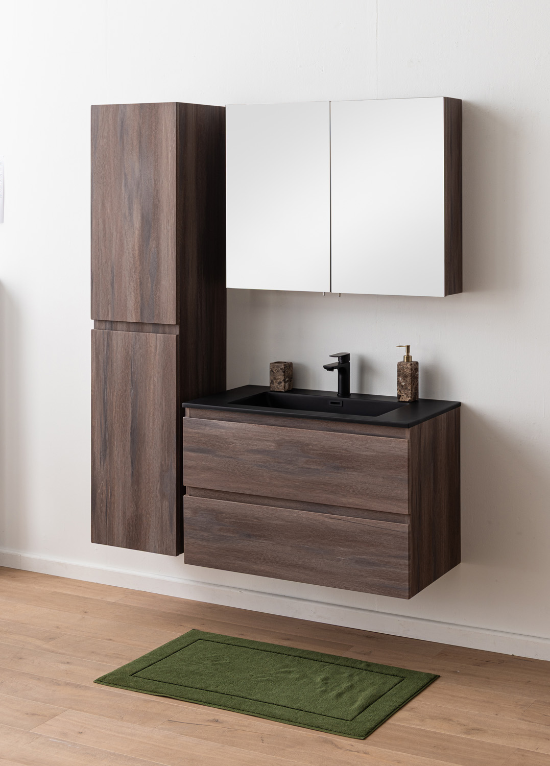 Badkamermeubel Tarik amber eik hangend met enkele wastafel mat zwart 90cm