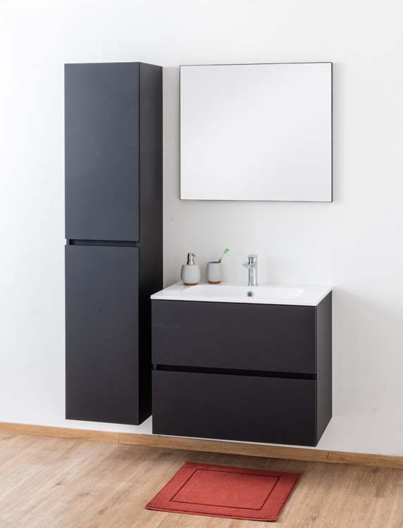 Badkamermeubel Puro mat zwart hangend met enkele wastafel glanzend wit 80cm