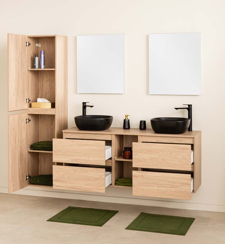 Meuble de salle de bain Bella aspect chêne 1500 mm lavabo double noir mat Meuble de salle de bain Bella aspect chêne 1500 mm lavabo double noir mat
