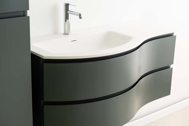 Meuble de salle de bains Aaron gris courbé avec lavabo simple blanc mat 110cm