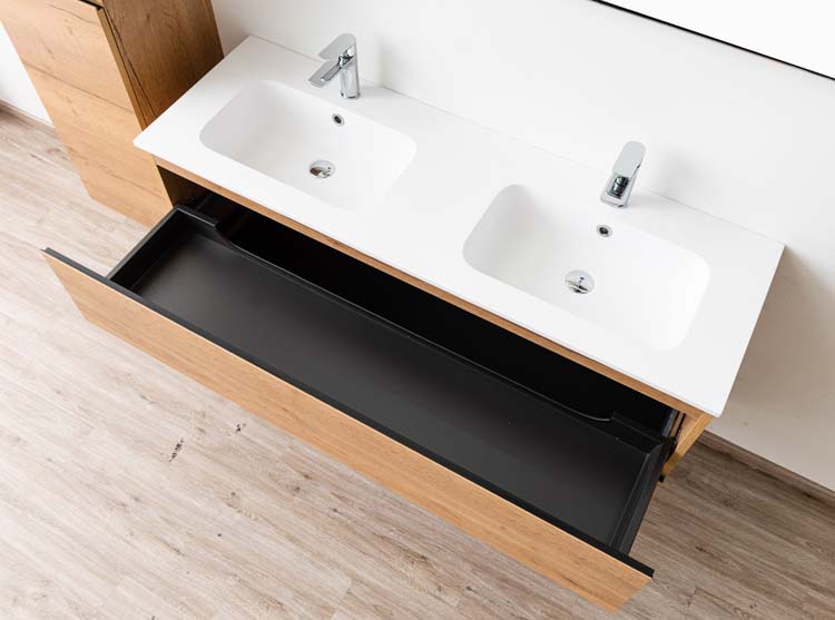 Meuble de salle de bains Daria chêne brun doré suspendu avec lavabo double blanc mat 140cm