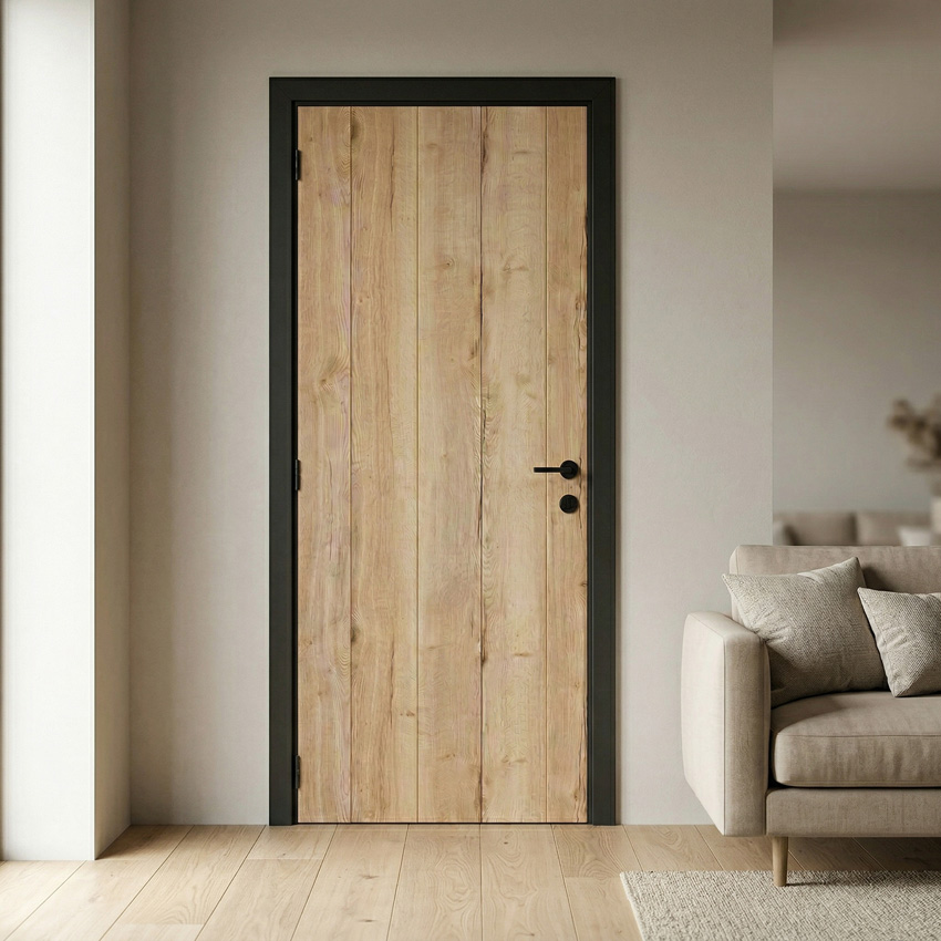 Porte intérieure complète Realwood Oak 201,5x63cm tubulaire réversible + châssis noir 16,5cm