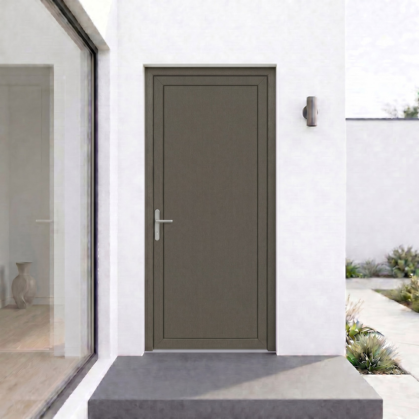 Porte extérieure panneau lisse PVC gris quartz/blanc ouvrant à gauche sur mesure
