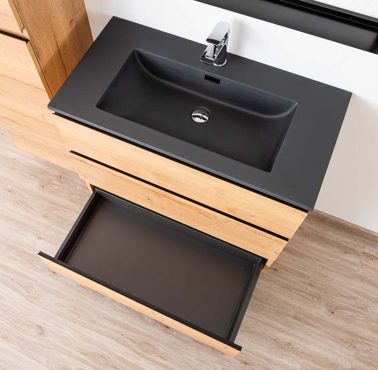 Meuble de salle de bain Daria chêne brun doré 900 mm sur pied lavabo noir mat Meuble de salle de bain Daria chêne brun doré 900 mm sur pied lavabo noir mat
