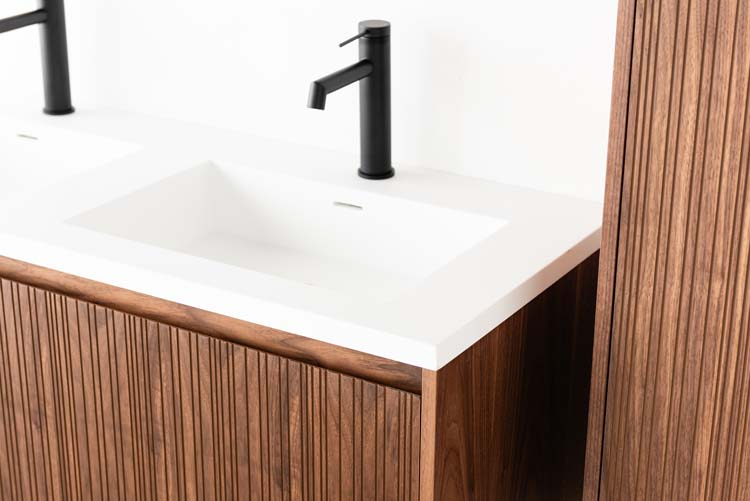 Badkamermeubel Warren walnoot hangend met dubbele wastafel mat wit 120cm