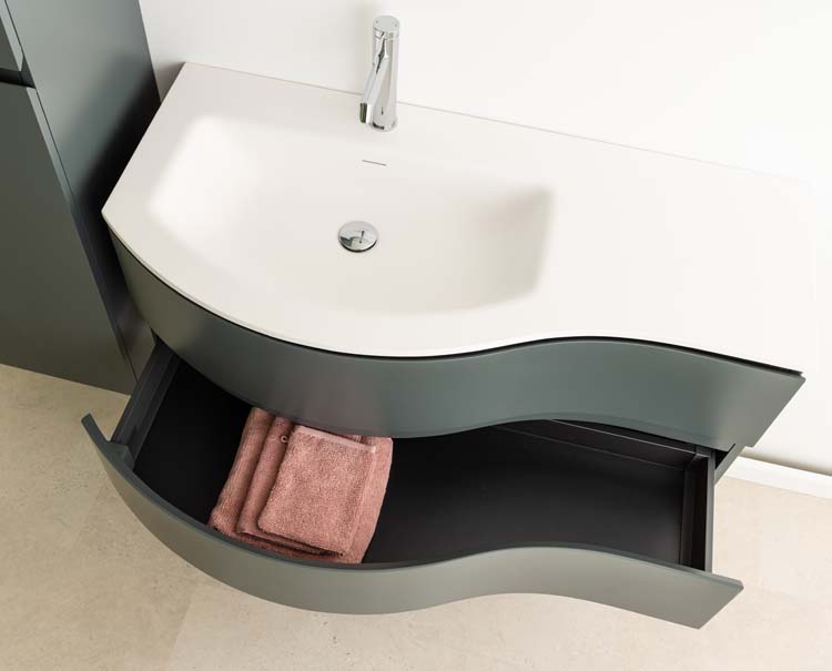 Meuble de salle de bains Aaron gris courbé avec lavabo simple blanc mat 110cm