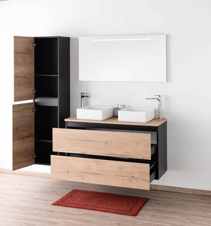 Badkamermeubel Dotan zwart/eik 1200 mm opbouwtablet melamine Badkamermeubel Dotan zwart/eik 1200 mm opbouwtablet melamine