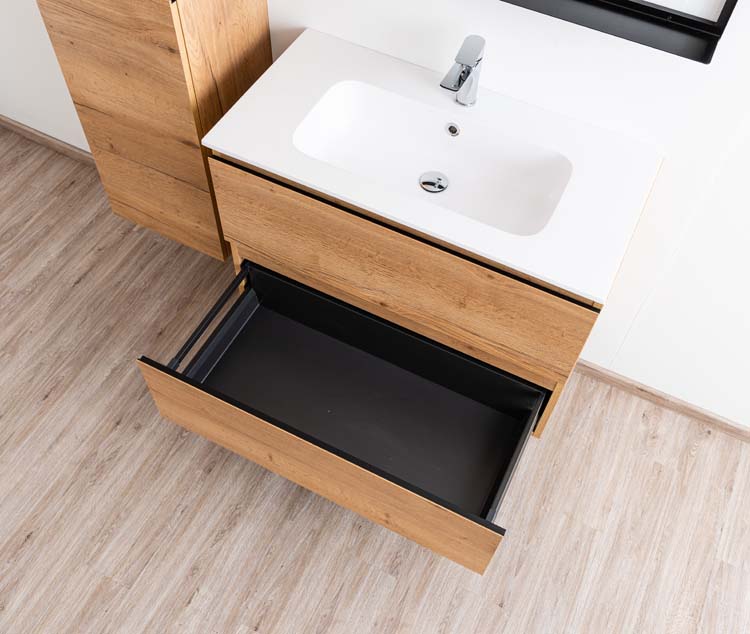 Badkamermeubel Daria eik goudbruin hangend met enkele wastafel glanzend wit 90cm