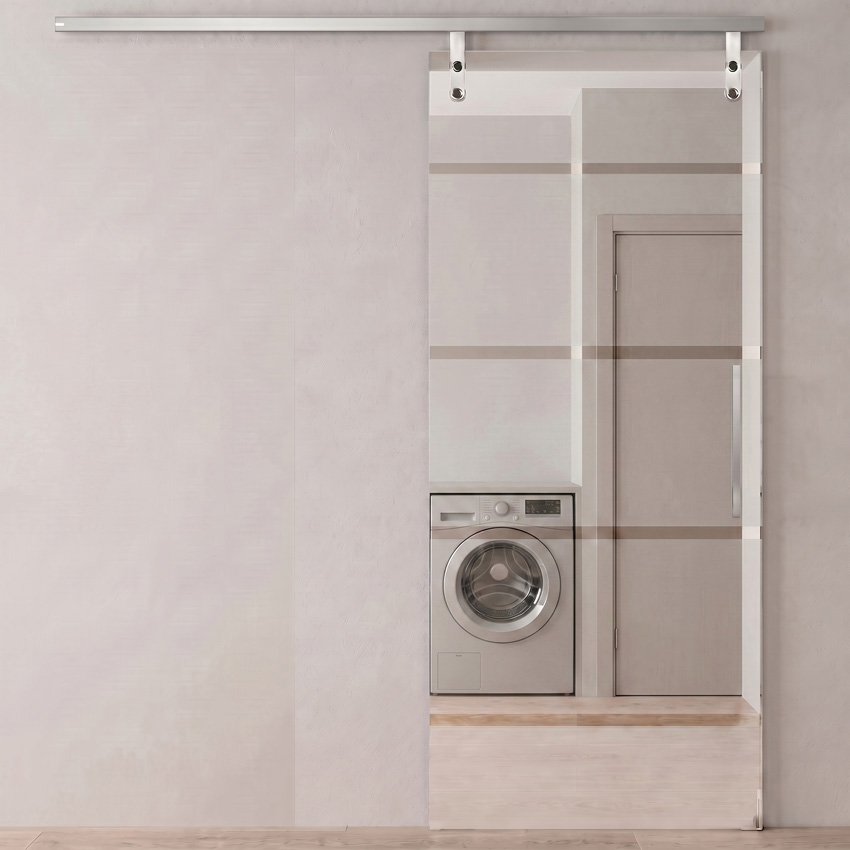 Complete glazen schuifdeur Sky Dusk mat + 4 lijnen helder 93x215cm inox vierkante trekker + rail aluminium