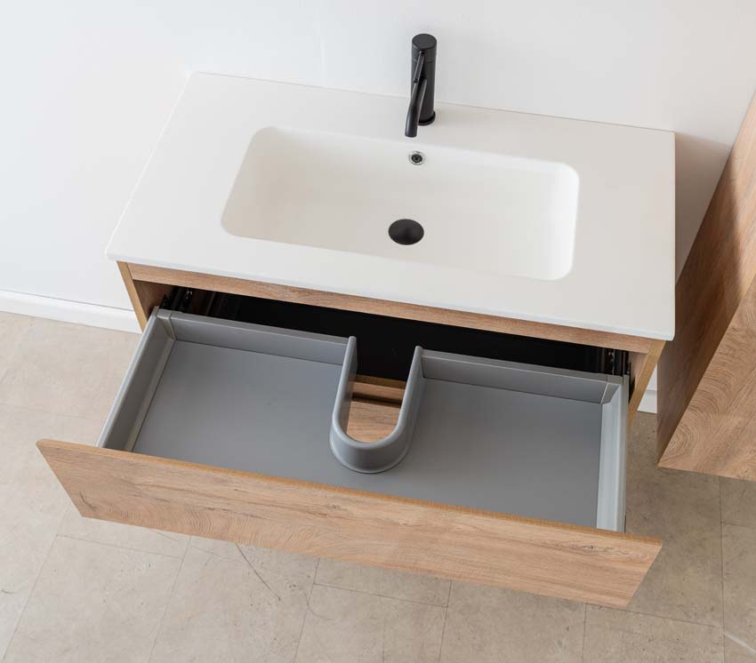 Meuble de salle de bain Tibo en chêne méditerranéen avec lavabo simple blanc mat 90cm